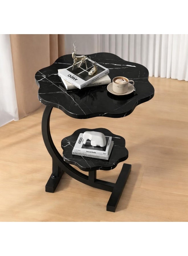 طاولة جانبية للاريكة بتصميم مزدوج الطبقات صغيرة الحجم وموفرة للمساحة مع هيكل ثابت من مادة صلبة متينة وسهلة التحريك، اثاث لغرفة المعيشة وغرفة النوم والاريكة (اسود رخامي) - Image 1